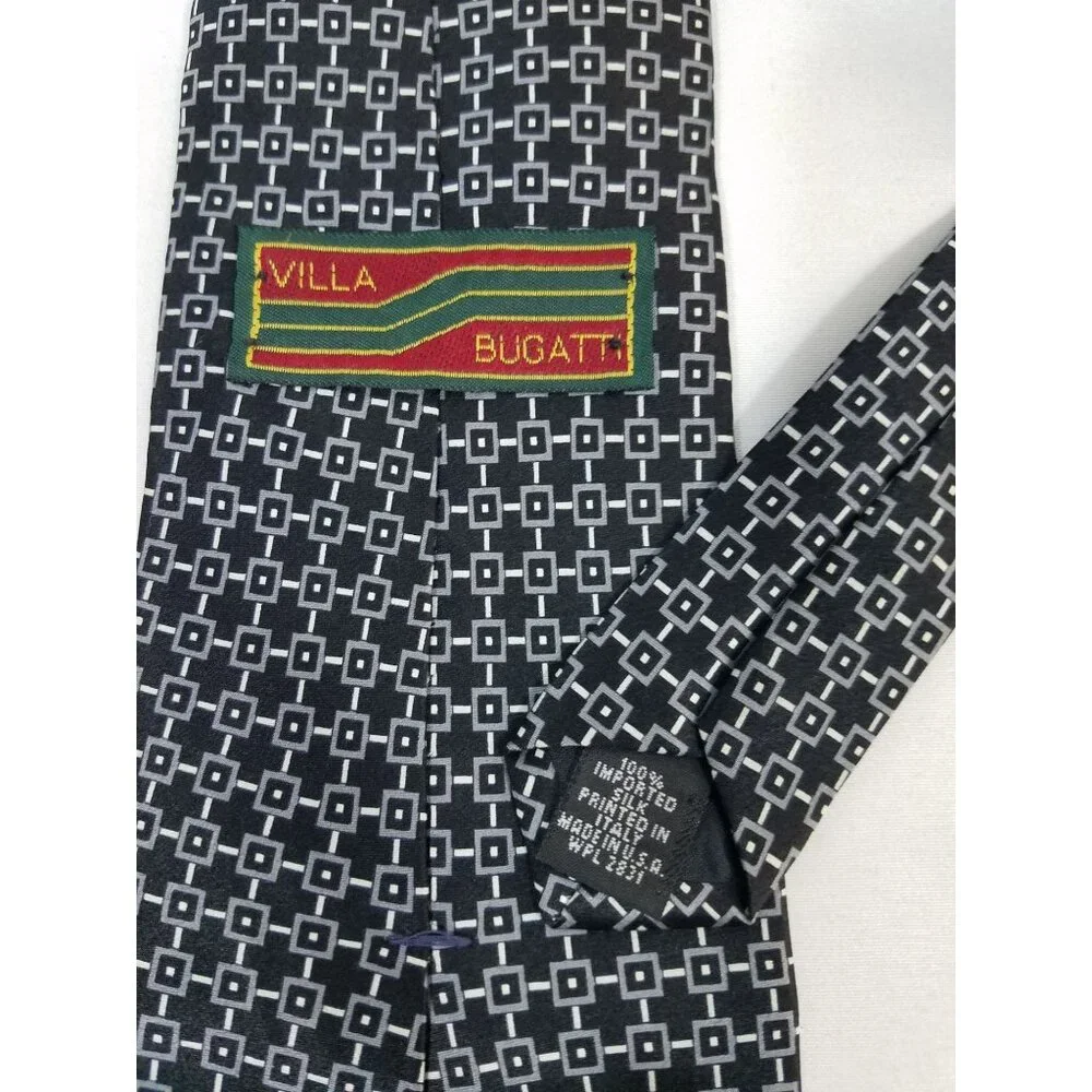 Villa Bugatti Mens Tie Navy Blue Geometric Checks 100% Silk 4